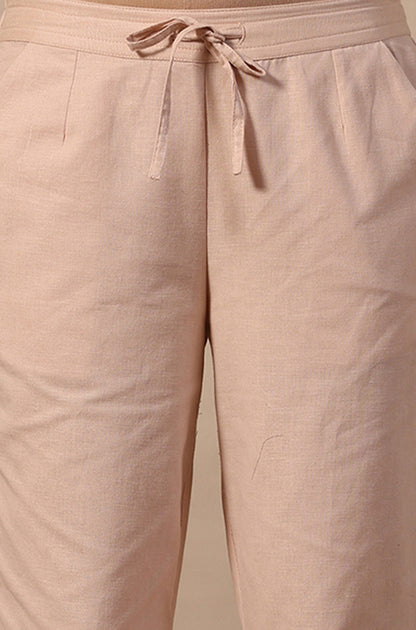 Beige Mirrorwork Straight Pants in Cotton Flax