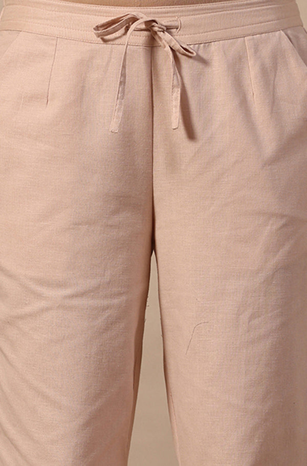 Beige Mirrorwork Straight Pants in Cotton Flax