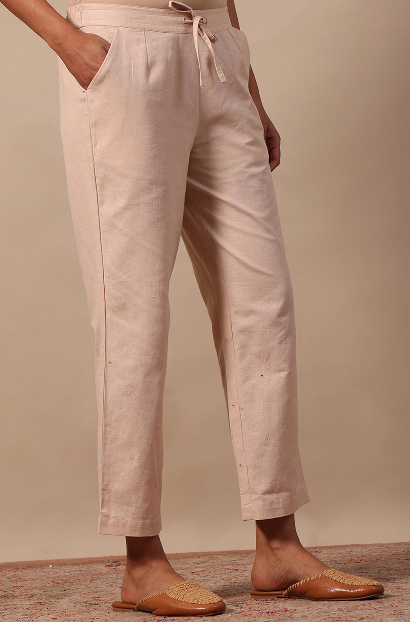 Beige Mirrorwork Straight Pants in Cotton Flax