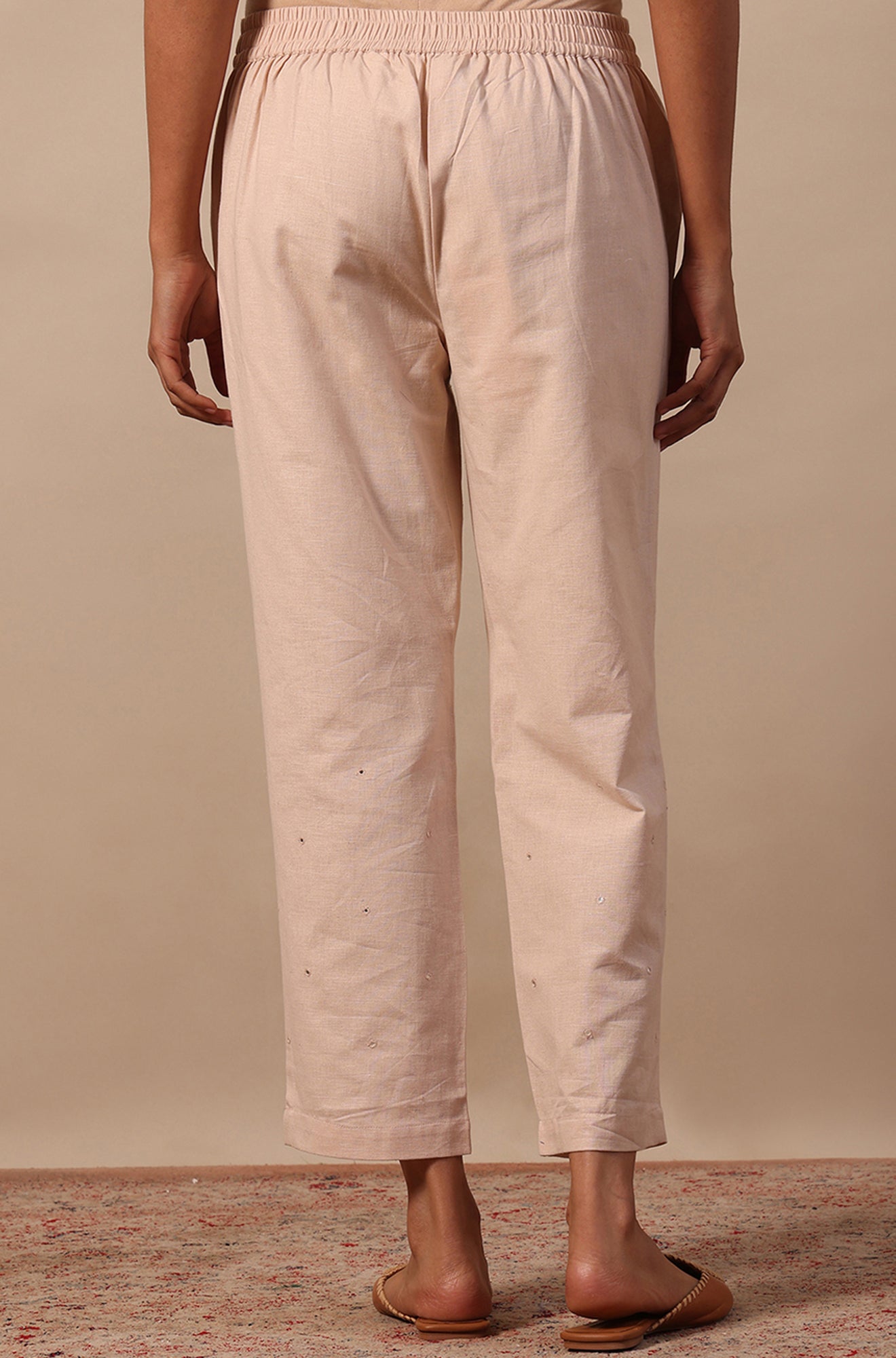 Beige Mirrorwork Straight Pants in Cotton Flax