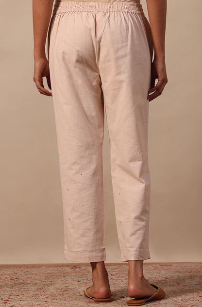 Beige Mirrorwork Straight Pants in Cotton Flax