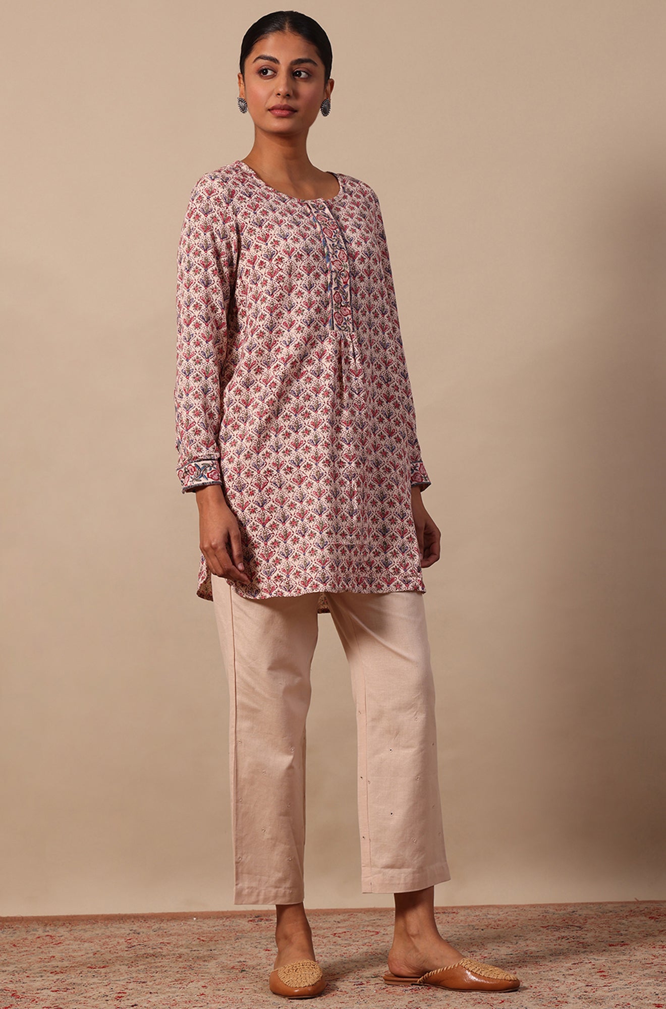 Beige Mirrorwork Straight Pants in Cotton Flax