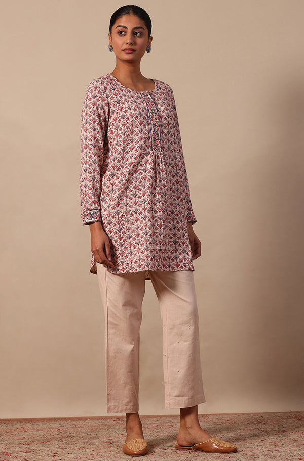 Beige Mirrorwork Straight Pants in Cotton Flax