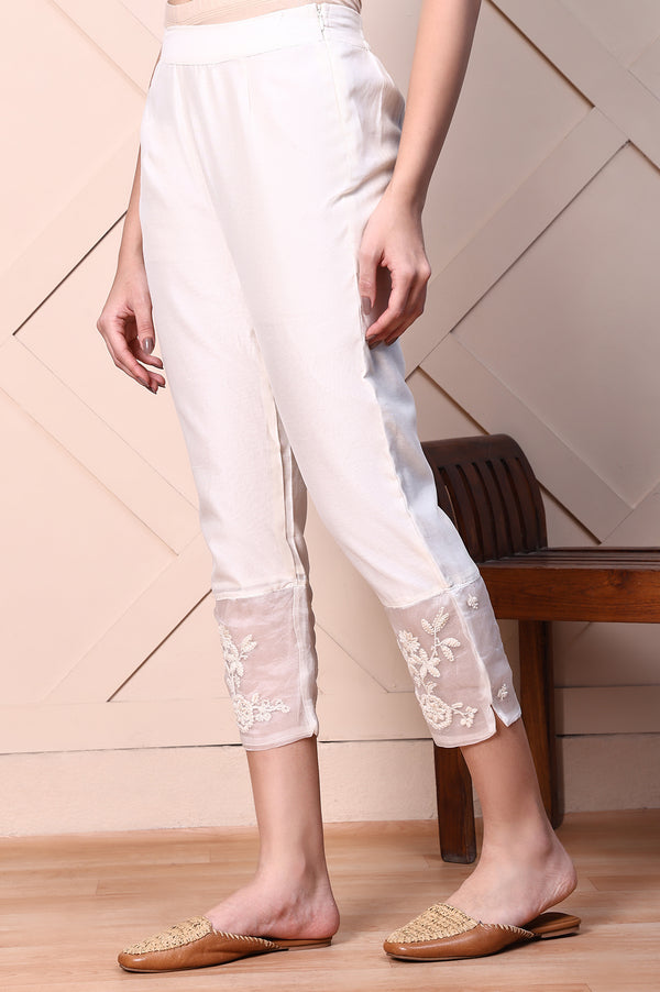 White Solid Embroidered Hemline Cotton Silk Slim Pants