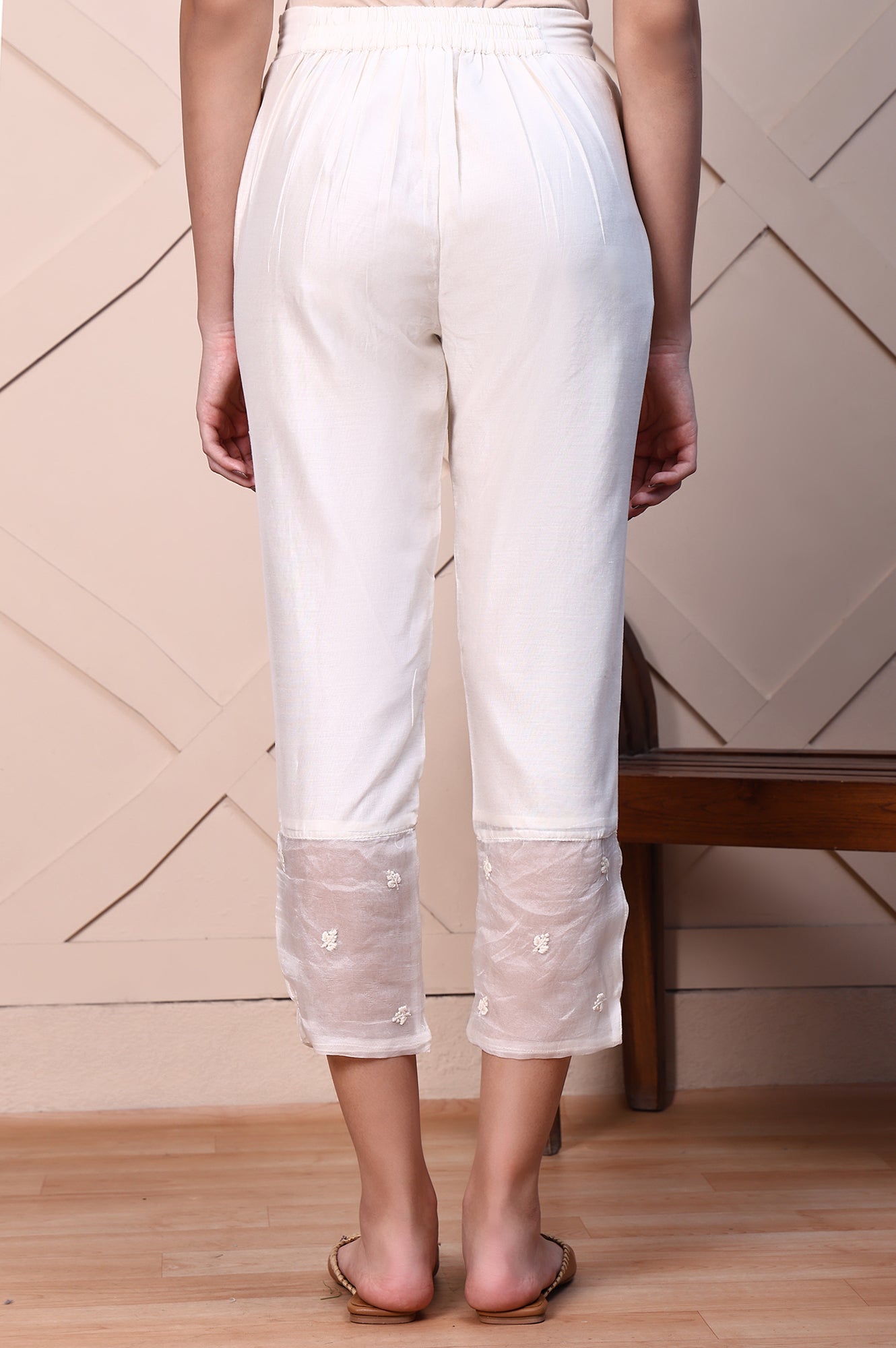 White Solid Embroidered Hemline Cotton Silk Slim Pants