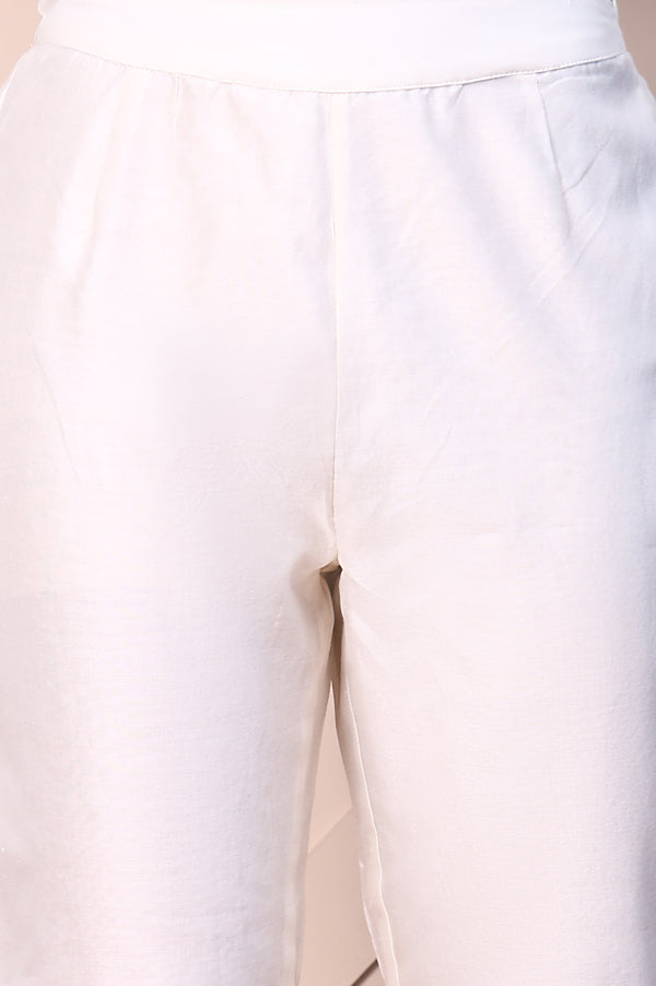 White Solid Embroidered Hemline Cotton Silk Slim Pants