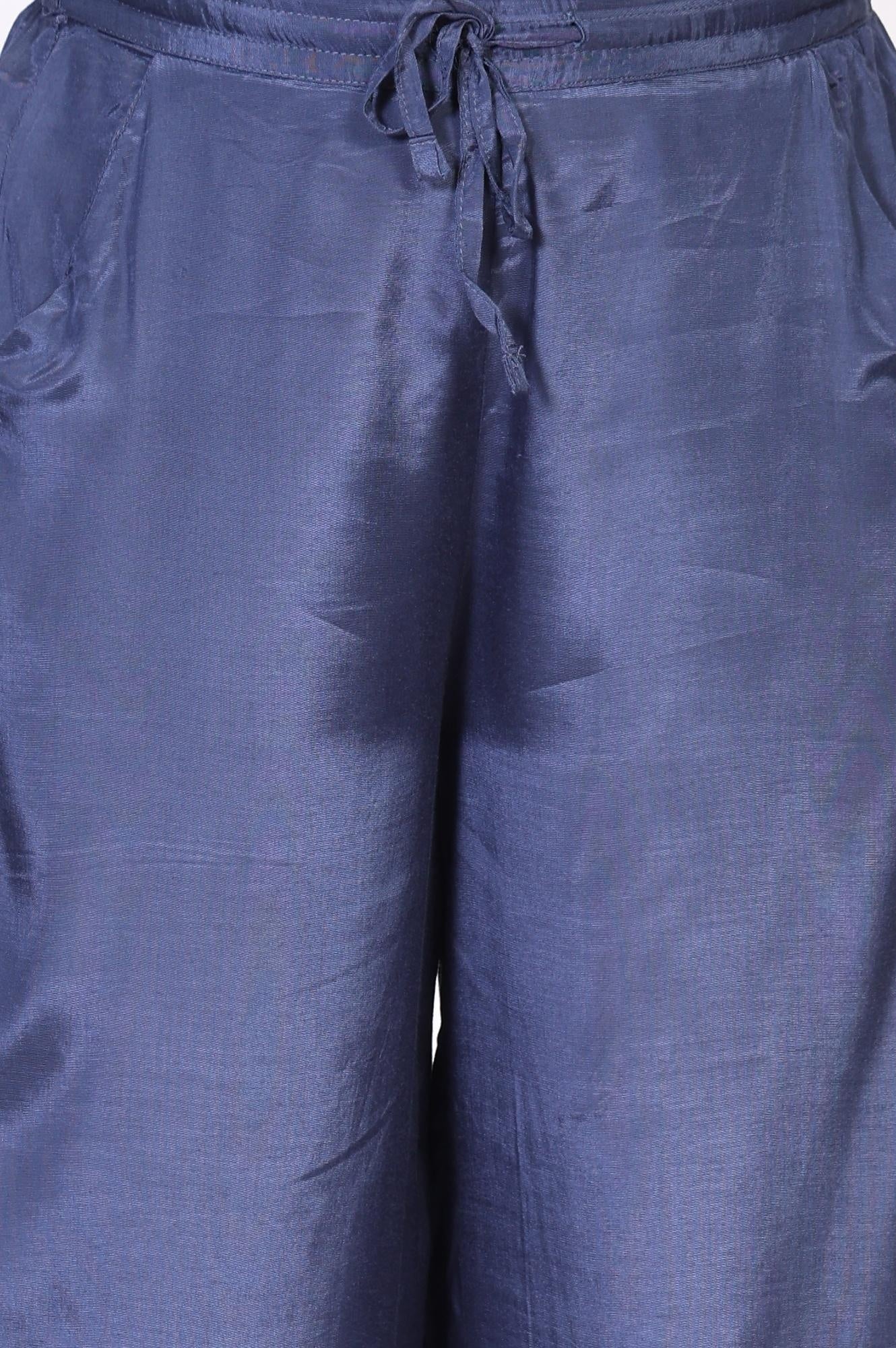 Blue Embroidered Wide-Leg Shantung Parallel Pants