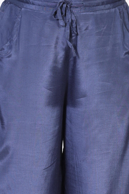 Blue Embroidered Wide-Leg Shantung Parallel Pants