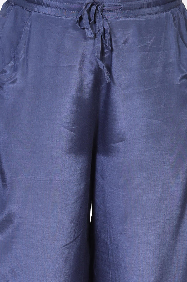 Blue Embroidered Wide-Leg Shantung Parallel Pants