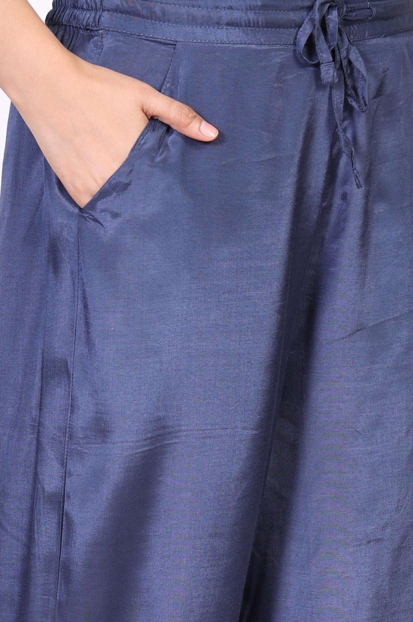 Blue Embroidered Wide-Leg Shantung Parallel Pants