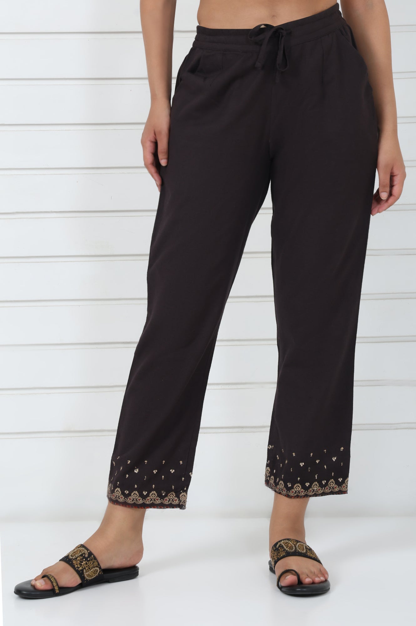 Brown Embroidered Printed Metallic Embroidered Cotton Blend Mid Rise Ankle Length Straight Pant