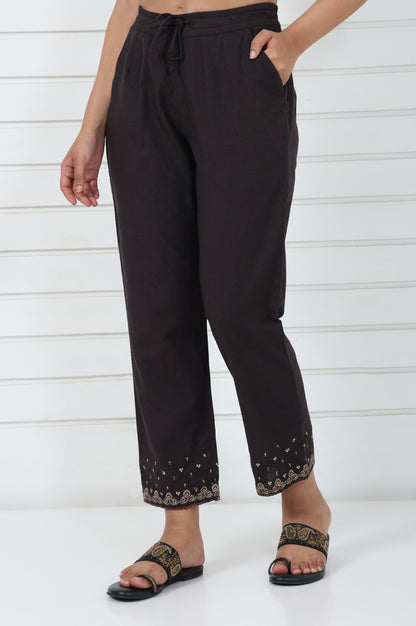 Brown Embroidered Printed Metallic Embroidered Cotton Blend Mid Rise Ankle Length Straight Pant