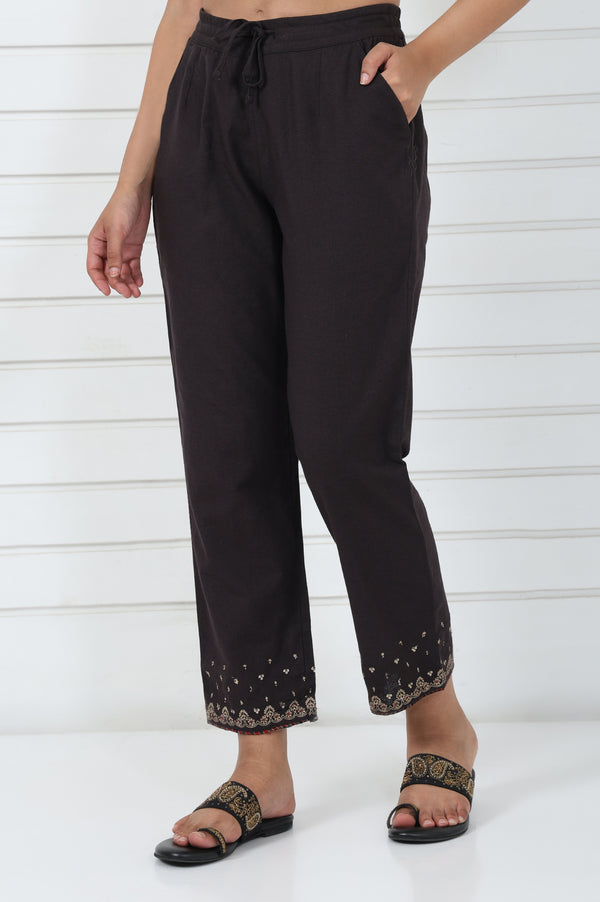 Brown Embroidered Printed Metallic Embroidered Cotton Blend Mid Rise Ankle Length Straight Pant