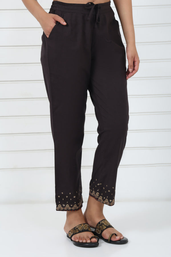 Brown Embroidered Printed Metallic Embroidered Cotton Blend Mid Rise Ankle Length Straight Pant