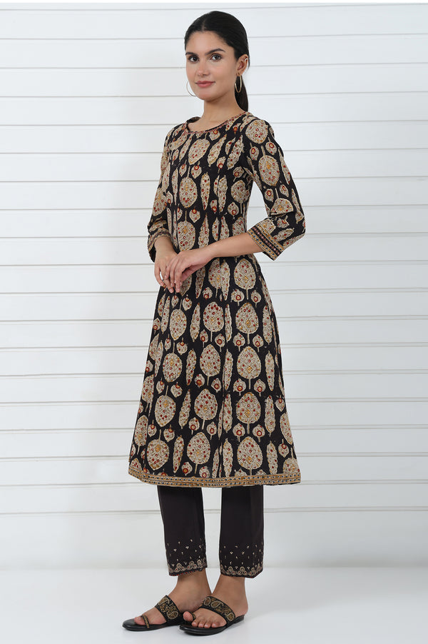 Brown Embroidered Printed Metallic Embroidered Cotton Blend Mid Rise Ankle Length Straight Pant