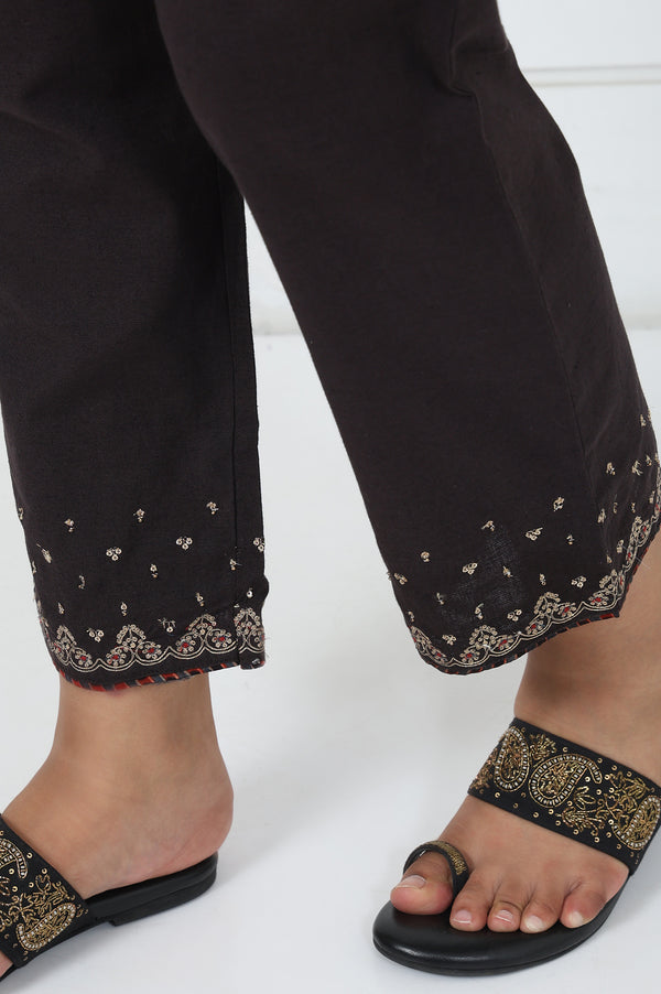 Brown Embroidered Printed Metallic Embroidered Cotton Blend Mid Rise Ankle Length Straight Pant
