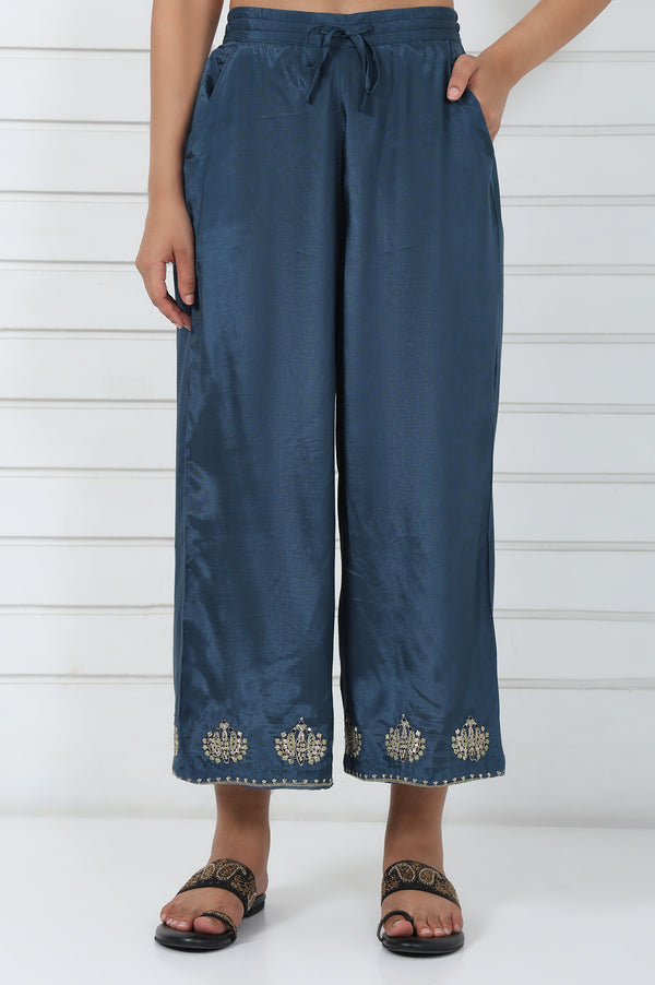 Blue Embroidered Printed Thread Embroidered Shantung Mid Rise Ankle Length Parallel Pant