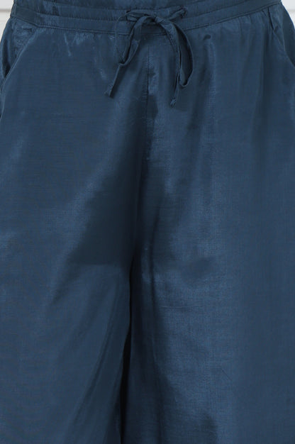 Blue Embroidered Printed Thread Embroidered Shantung Mid Rise Ankle Length Parallel Pant