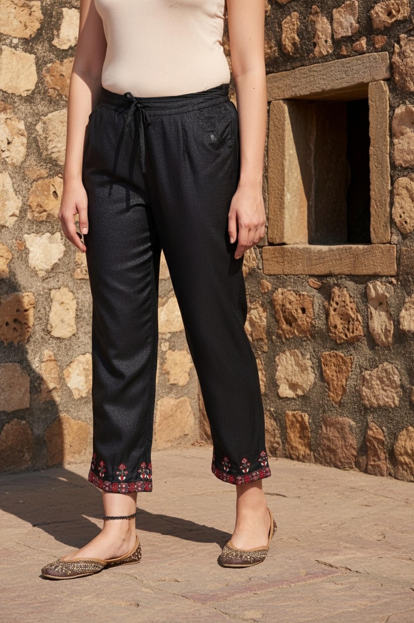 Black Solid Embroidered Straight Silk Pant