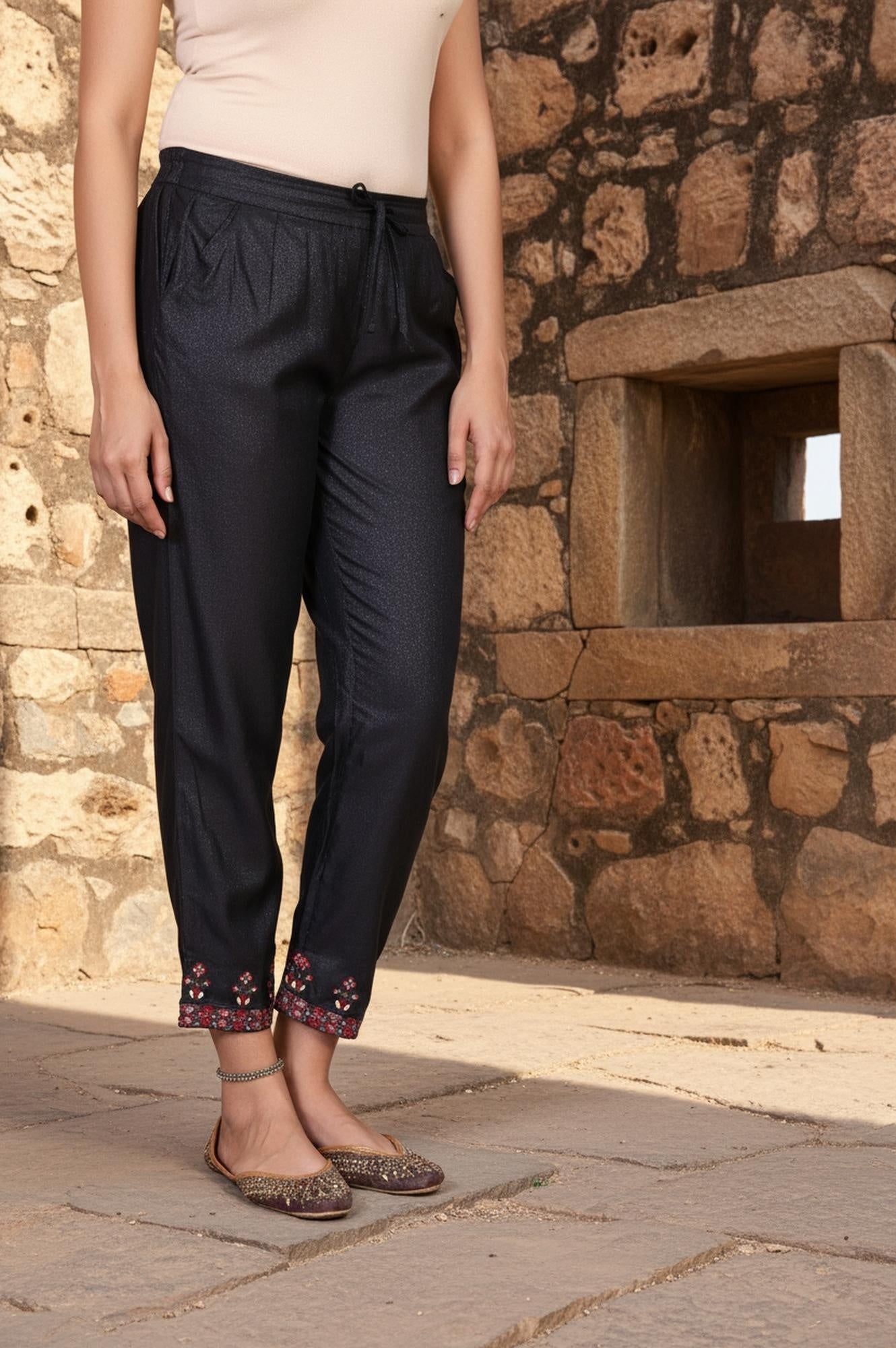 Black Solid Embroidered Straight Silk Pant