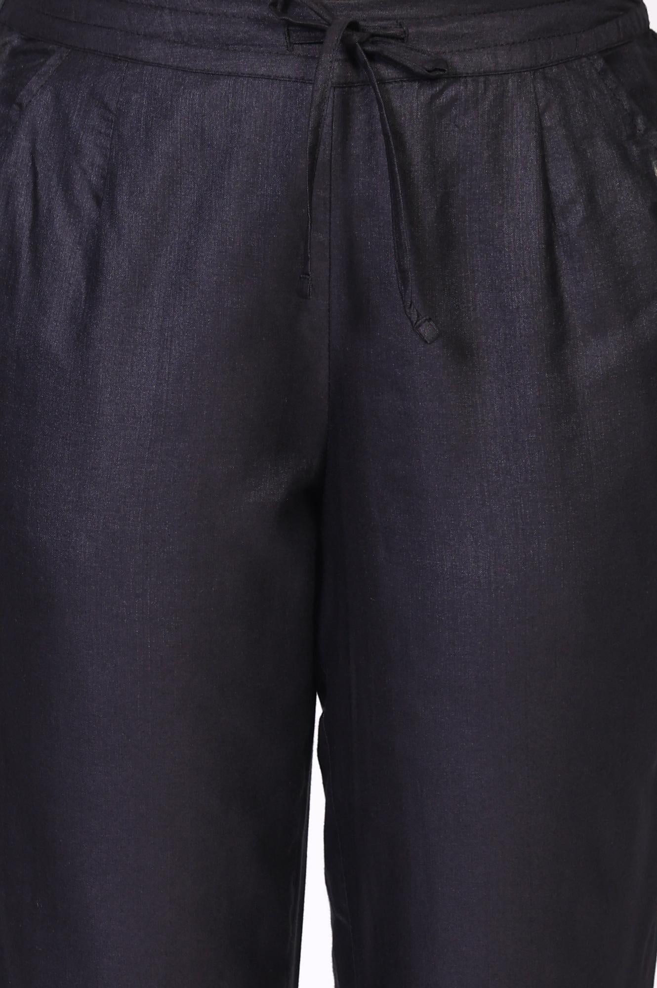 Black Solid Embroidered Straight Silk Pant