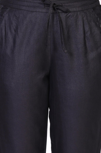 Black Solid Embroidered Straight Silk Pant