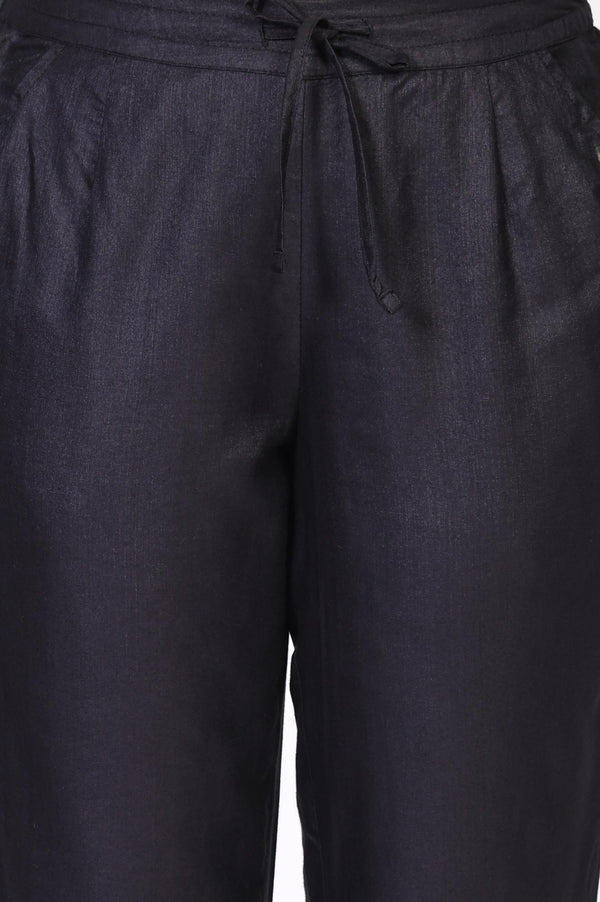 Black Solid Embroidered Straight Silk Pant