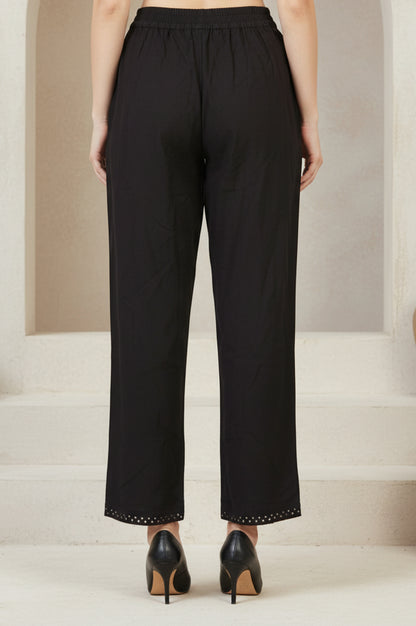 Black Solid Cotton Blend Ankle Length Mid Rise Straight Pants