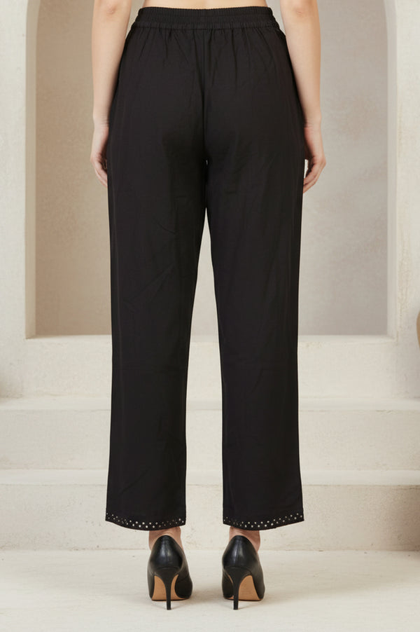Black Solid Cotton Blend Ankle Length Mid Rise Straight Pants