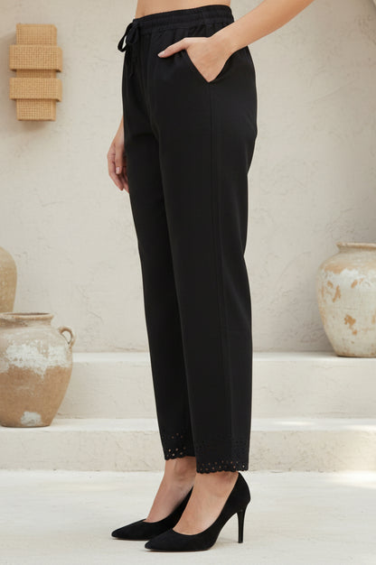 Black Solid Cotton Blend Ankle Length Mid Rise Straight Pants