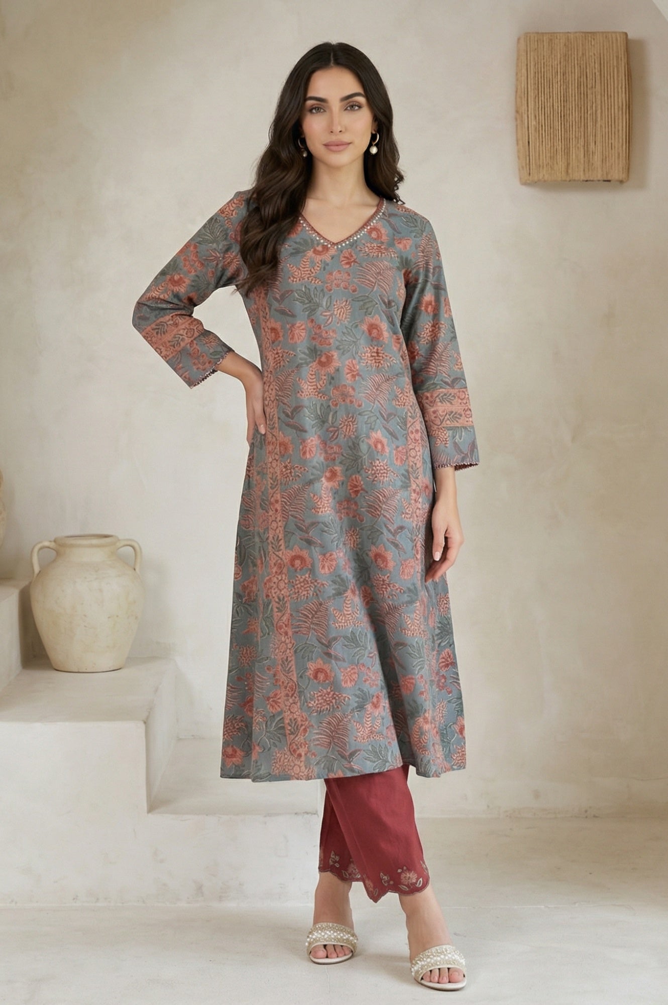 Maroon Embroidered Cotton Blend Straight Fit Ankle Length Pants