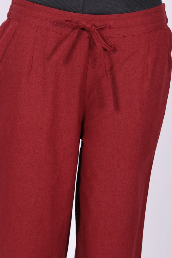 Maroon Embroidered Cotton Blend Straight Fit Ankle Length Pants