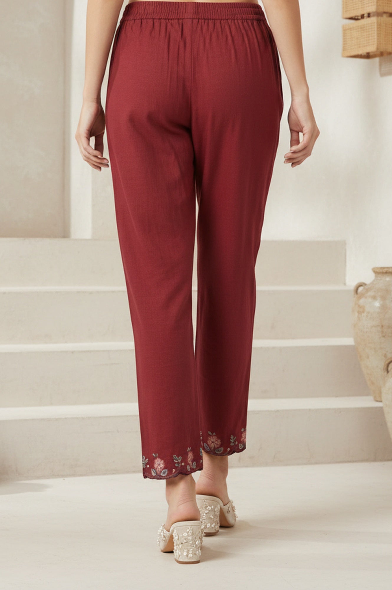 Maroon Embroidered Cotton Blend Straight Fit Ankle Length Pants