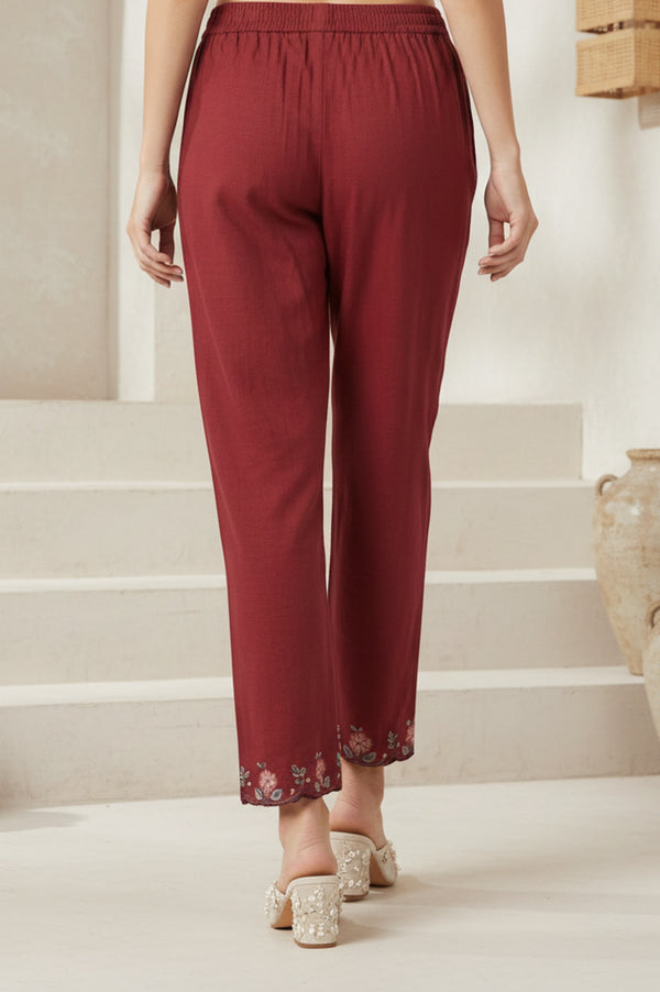 Maroon Embroidered Cotton Blend Straight Fit Ankle Length Pants