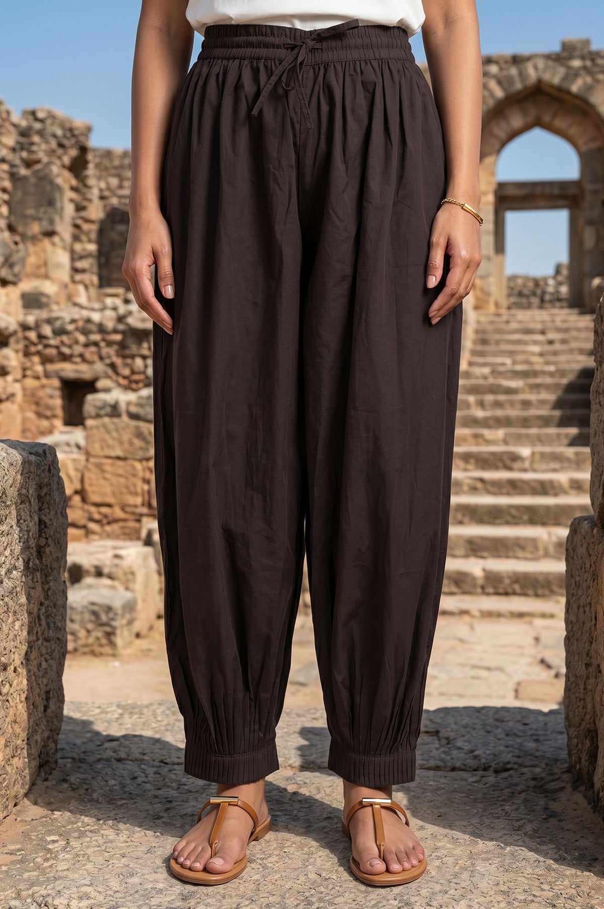 Brown Pure Cotton Ankle Length Pleated Salwar