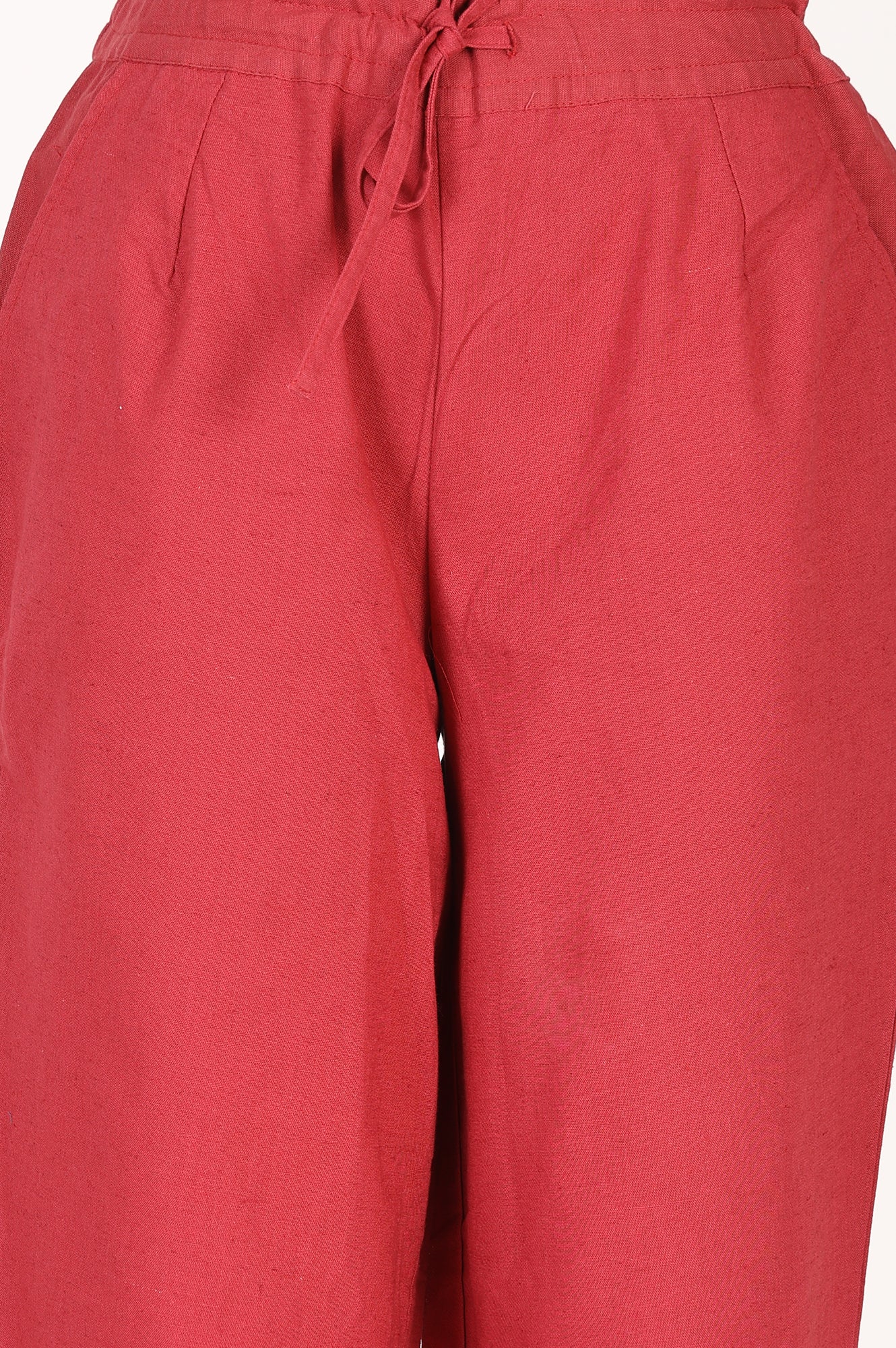 Red Cotton Flax Straight Fit Ankle Length Pants