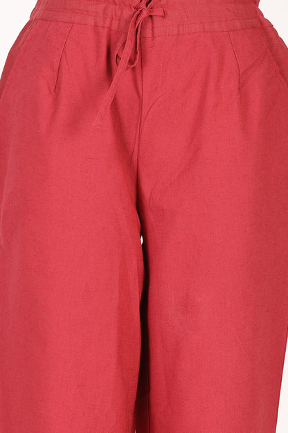 Red Cotton Flax Straight Fit Ankle Length Pants