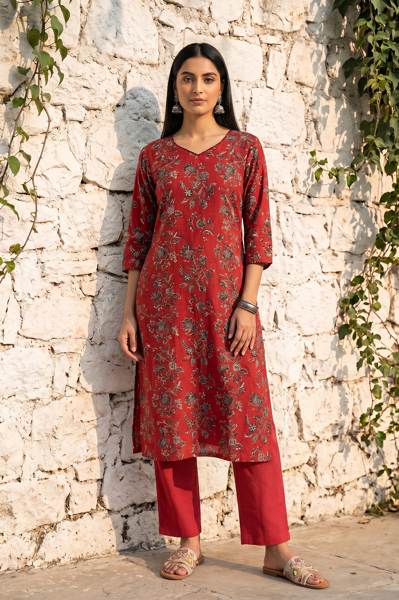 Red Cotton Flax Straight Fit Ankle Length Pants