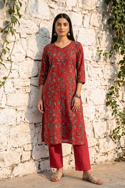 Red Cotton Flax Straight Fit Ankle Length Pants