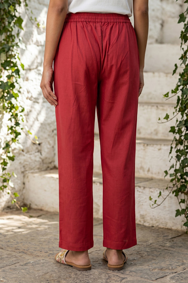 Red Cotton Flax Straight Fit Ankle Length Pants