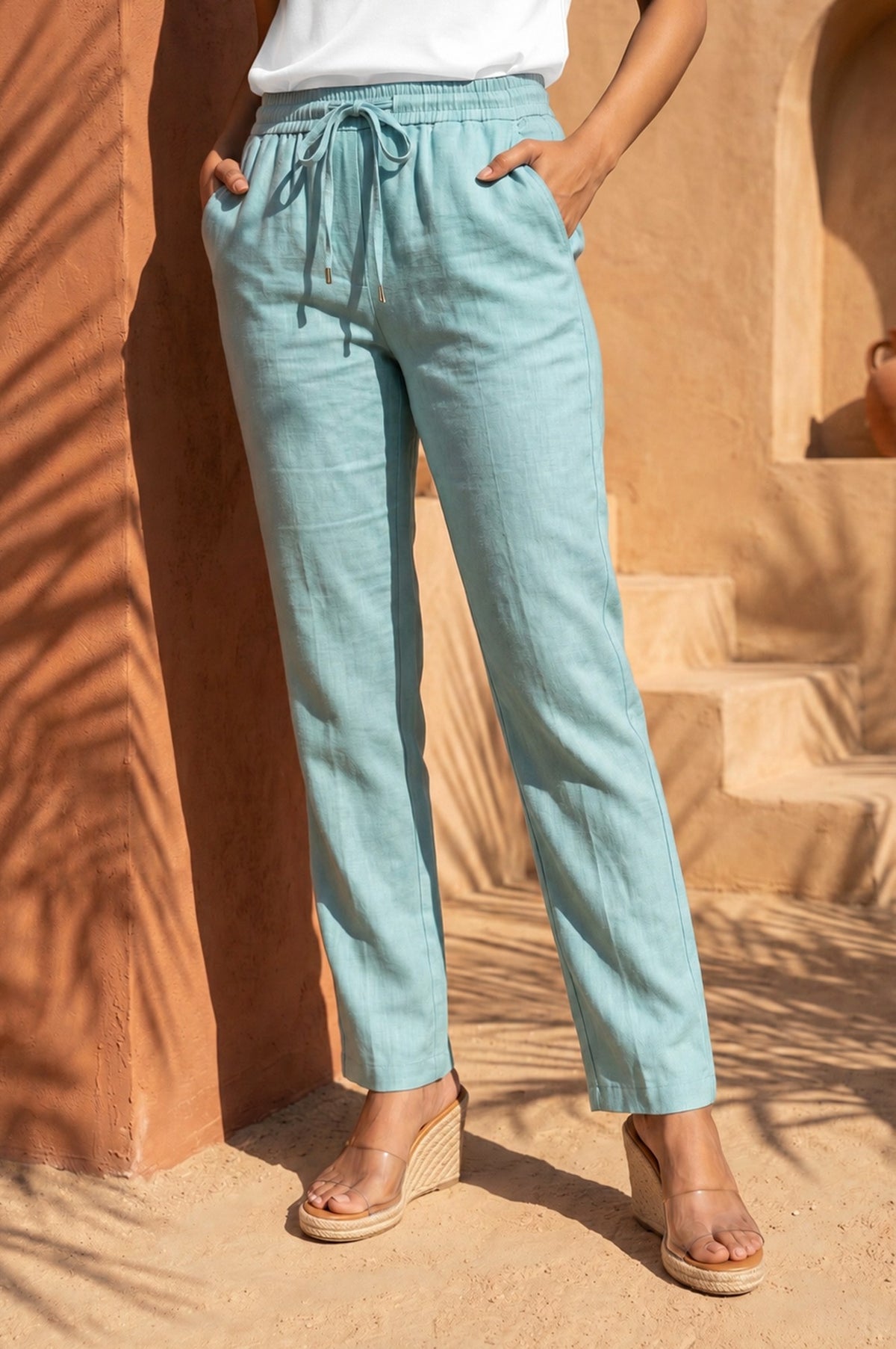 Blue Solid Cotton Flax Straight Fit Ankle Length Pants - S