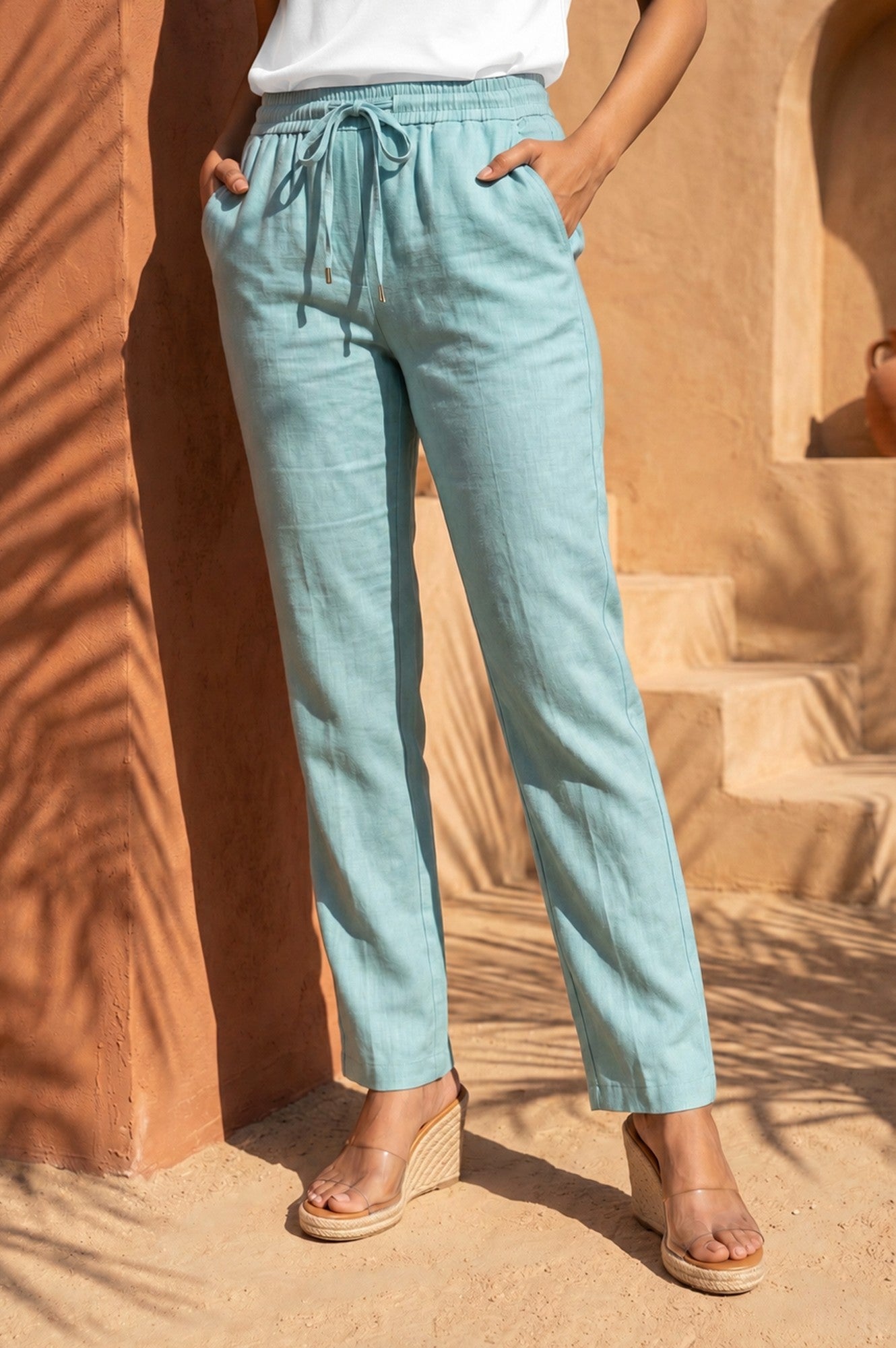 Blue Solid Cotton Flax Straight Fit Ankle Length Pants