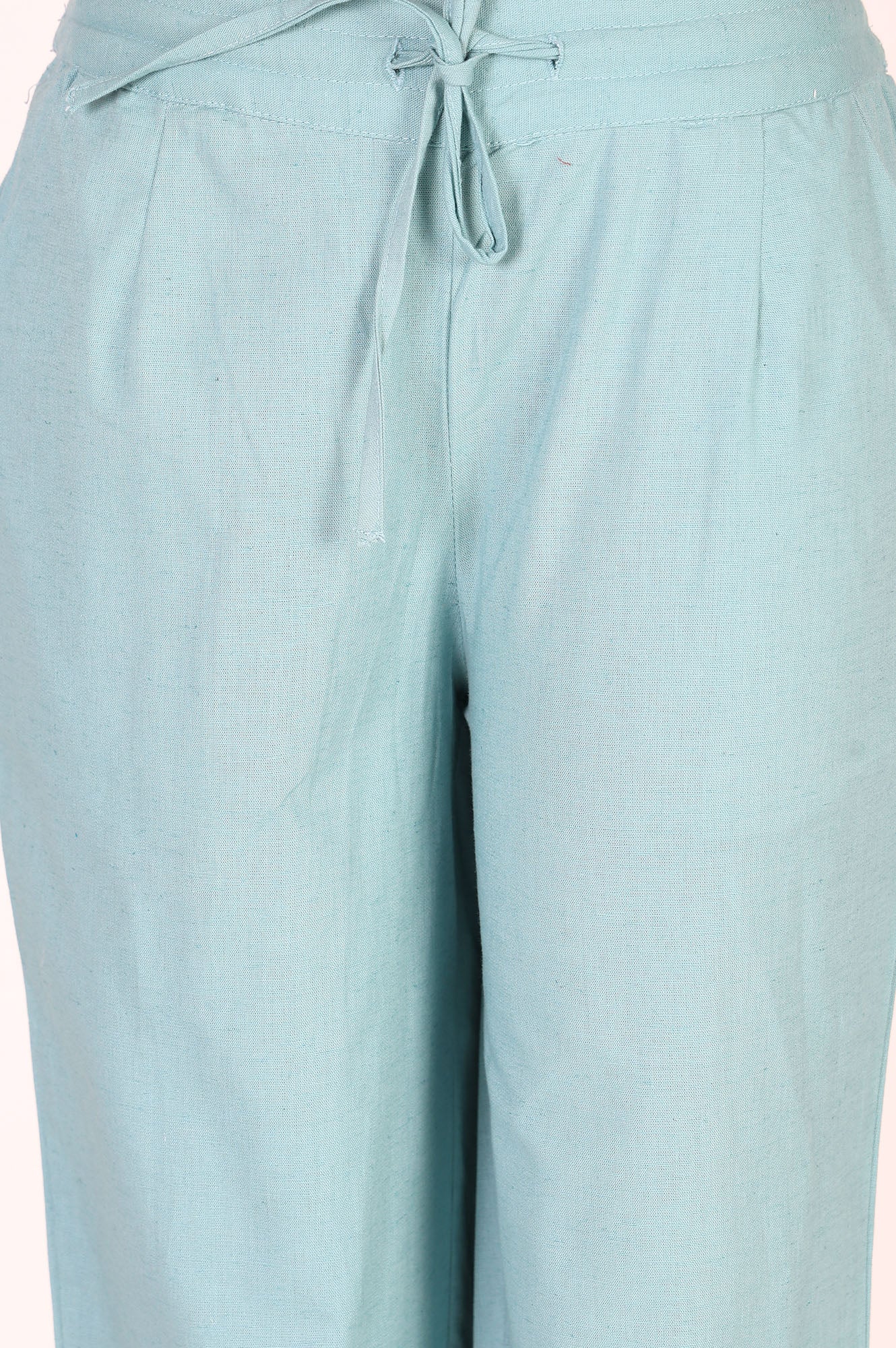 Blue Solid Cotton Flax Straight Fit Ankle Length Pants