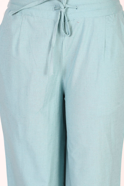 Blue Solid Cotton Flax Straight Fit Ankle Length Pants
