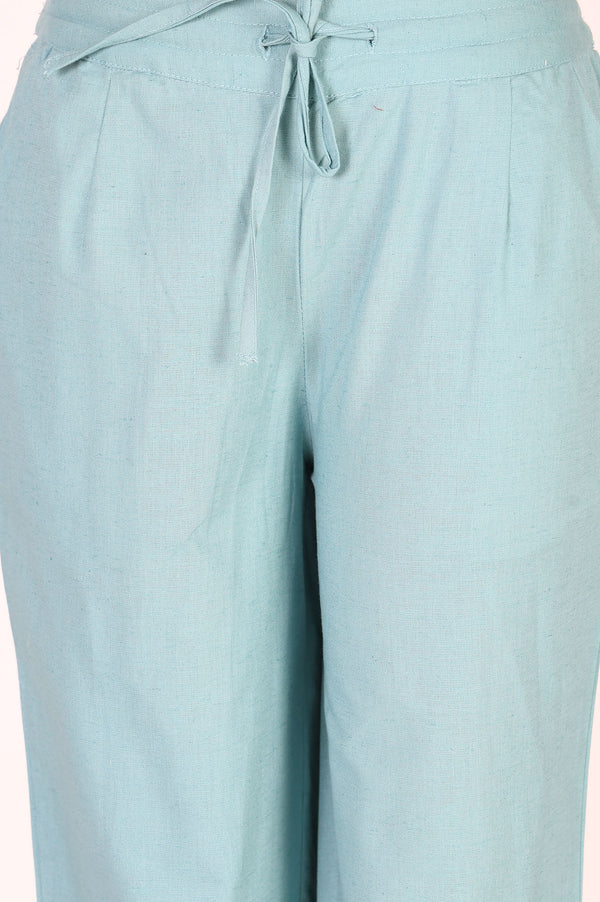 Blue Solid Cotton Flax Straight Fit Ankle Length Pants