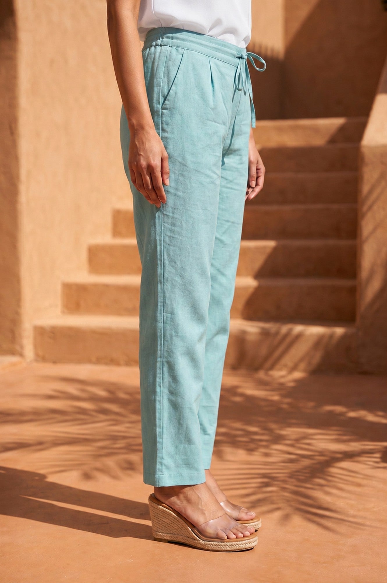 Blue Solid Cotton Flax Straight Fit Ankle Length Pants