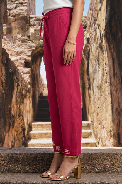 Pink Embroidered Cotton Flax Straight Pant