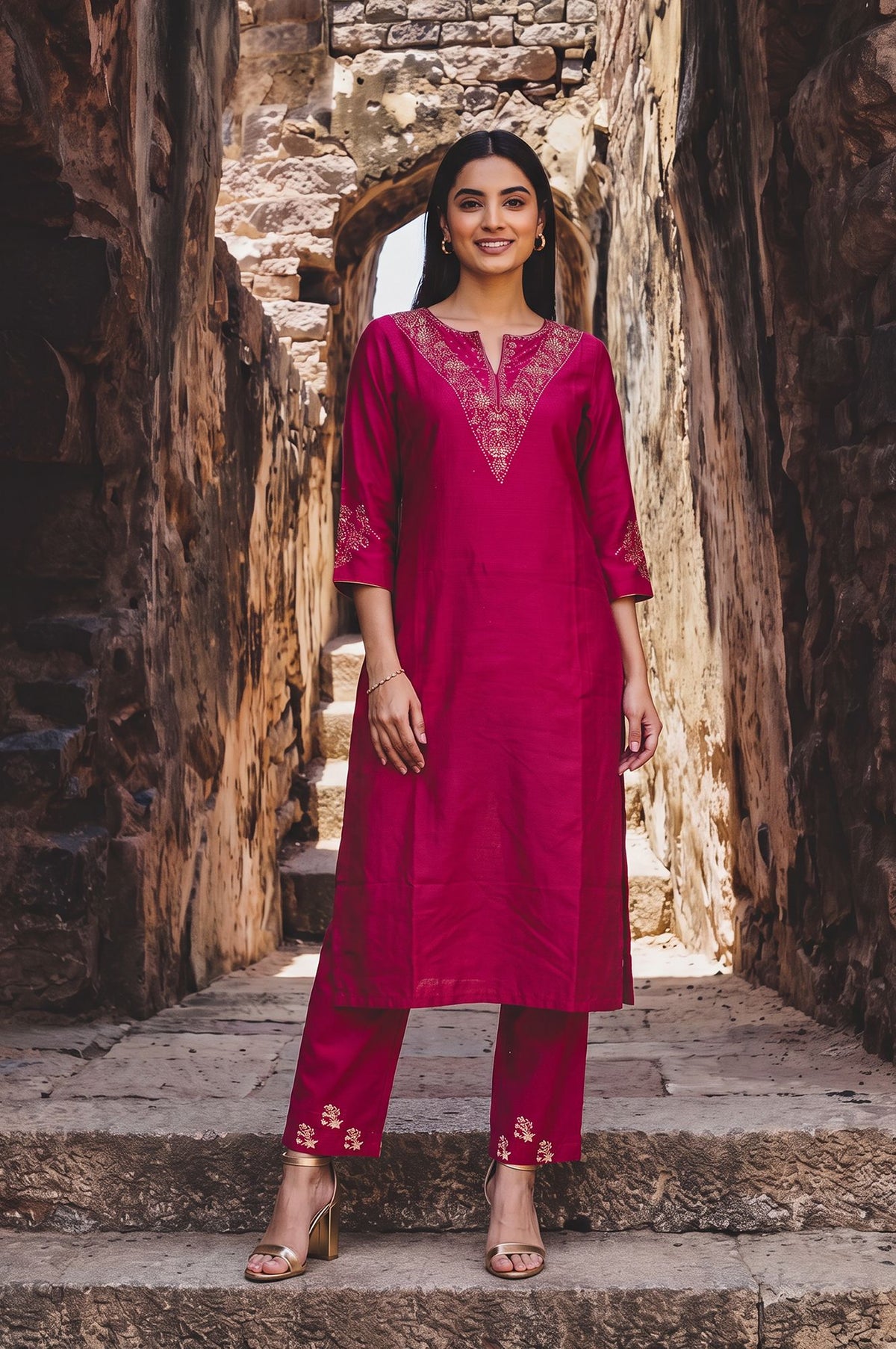 Pink Embroidered Cotton Flax Straight Pant