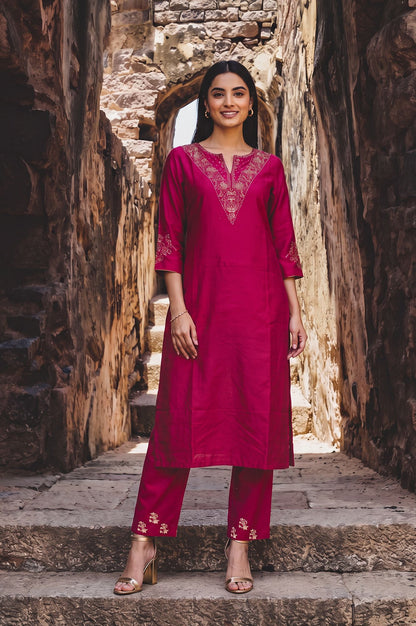 Pink Embroidered Cotton Flax Straight Pant