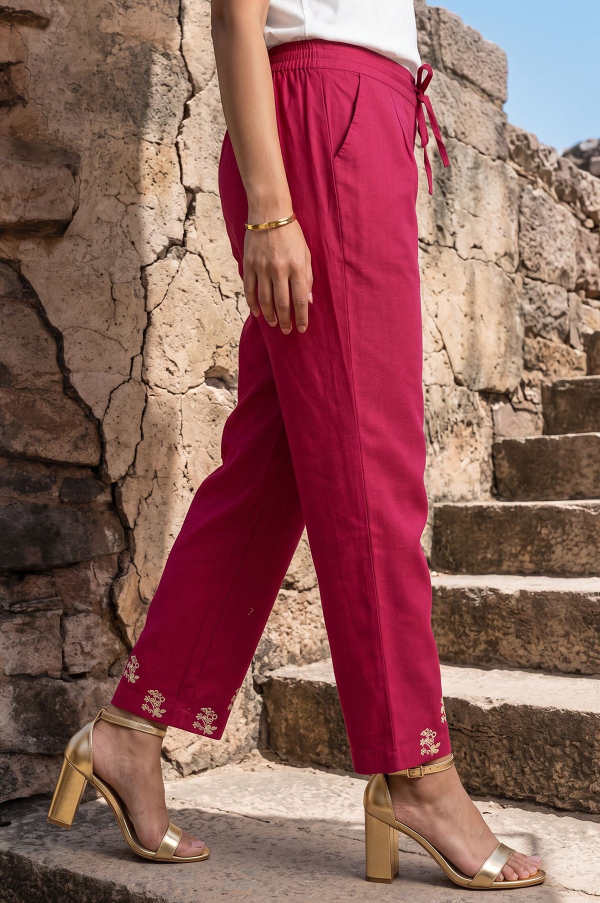 Pink Embroidered Cotton Flax Straight Pant